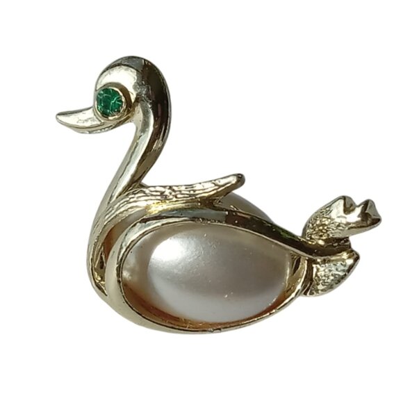 Rare Vintage Jelly Belly Swan Brooch Pin Green Gem Eye - Picture 9 of 12